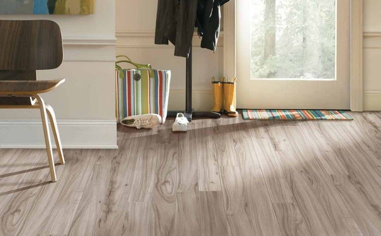 laminate flooring in entryway with contemporary decor.